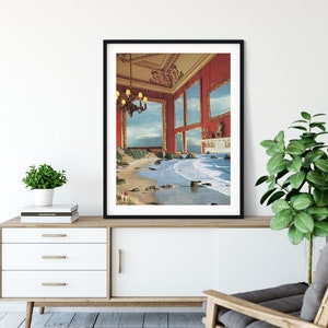 May include: A framed print of a surrealist artwork depicting a red room with multiple windows that open to a beach scene with crashing waves. The room has a chandelier and a fireplace.