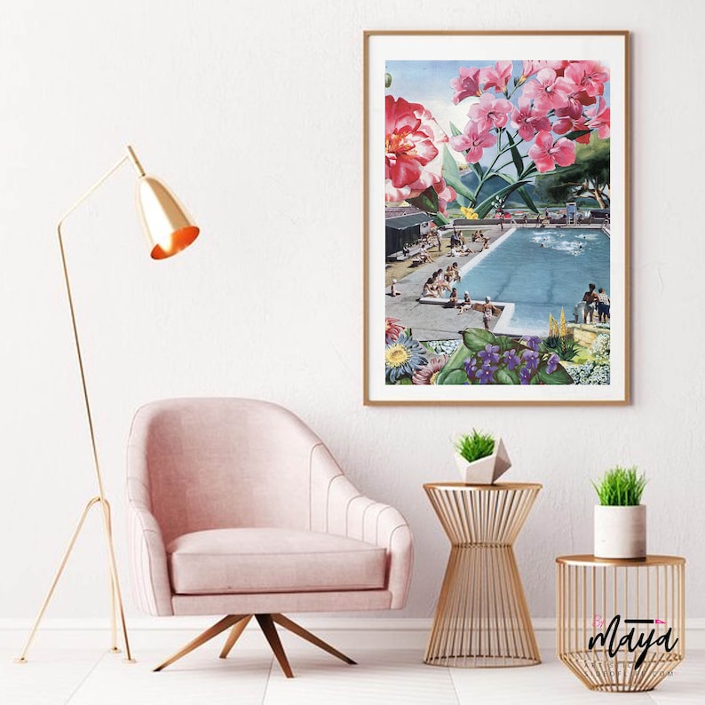 May include: A collage print featuring a swimming pool with people in it, surrounded by pink and purple flowers. The print has a vintage aesthetic.