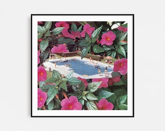 Swimming pool print, Summer art, Botanical print, Floral swimming pool, Pink art, Nature art