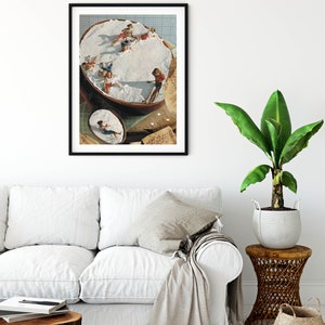 May include: A collage of a group of children playing in a large, white, fluffy cloud. The children are wearing colorful clothing and are having fun. The collage is framed in a black frame and is hanging on a white wall.