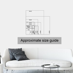 May include: Approximate size guide for wall art prints. The guide shows different sizes in inches, ranging from 5x7 to 24x32.