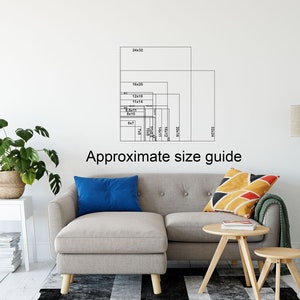 May include: A size guide for wall art prints, showing different sizes from 5x7 inches to 24x32 inches. The guide is displayed on a white wall with a gray couch, a side table, a floor lamp, and a plant.