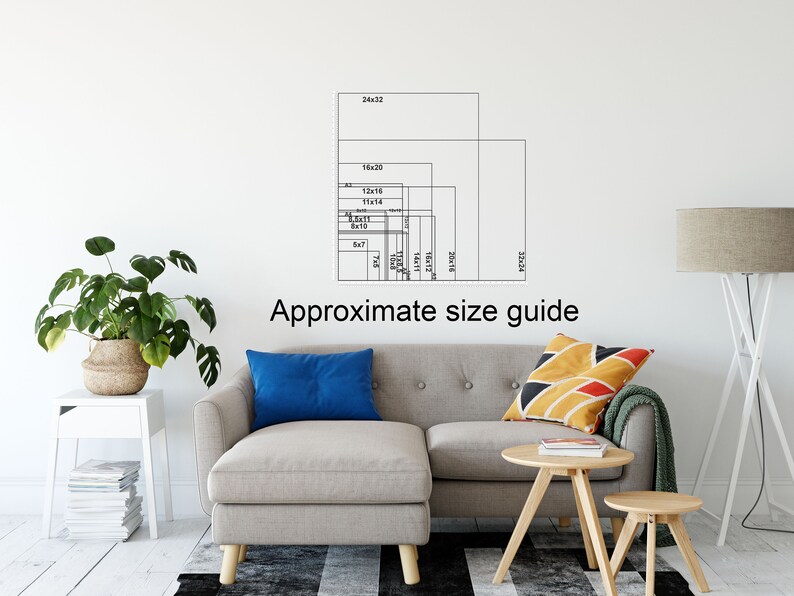 May include: A size guide for wall art prints, showing different sizes from 5x7 inches to 24x32 inches. The guide is displayed on a white wall with a gray couch, a side table, a floor lamp, and a plant.