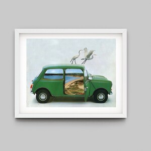 Mini car art print, Vintage art print, Classic car art, Adventure print