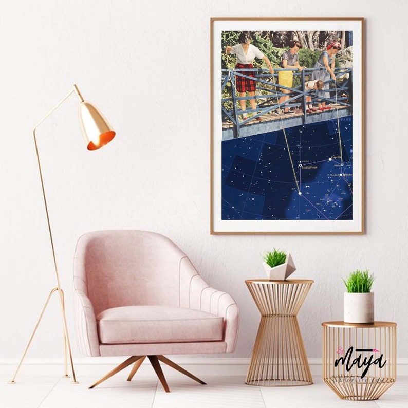 May include: A vintage style collage print featuring three women standing on a bridge, fishing lines extending down to a constellation map of the night sky.