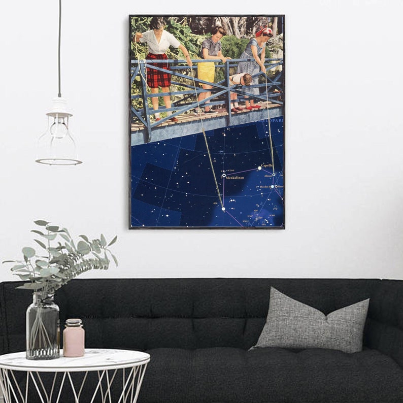May include: A vintage collage featuring four people standing on a bridge, with a constellation map replacing the sky. The constellation is Ursa Major, with the stars labeled in white text. The people are dressed in 1950s clothing and are holding fishing rods.