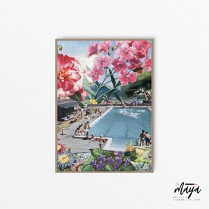 May include: A vintage collage featuring a swimming pool with people relaxing and swimming. The pool is surrounded by lush greenery and pink flowers. The image has a retro feel and is perfect for adding a touch of nostalgia to your home decor.