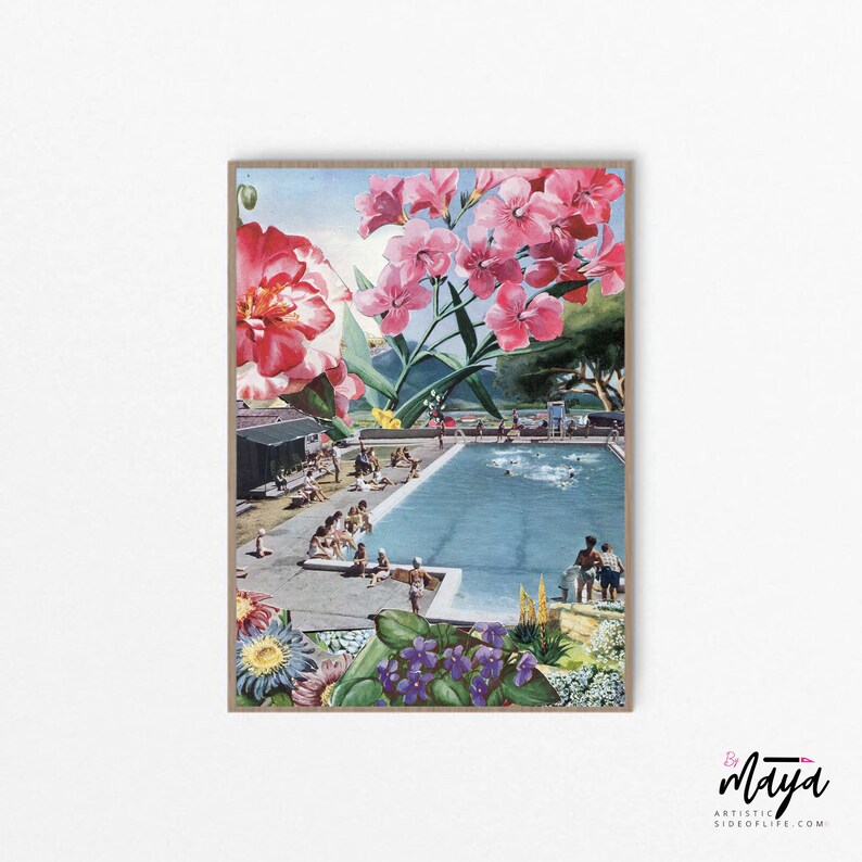 May include: A vintage collage featuring a swimming pool with people relaxing and swimming. The pool is surrounded by lush greenery and pink flowers. The image has a retro feel and is perfect for adding a touch of nostalgia to your home decor.