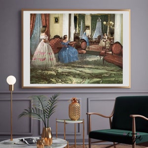 May include: A vintage illustration of four women in elegant dresses standing in a grand room with a patterned carpet. The room features ornate furniture, including a chaise lounge and a large mirror. The women are dressed in various shades of blue, pink, and white.