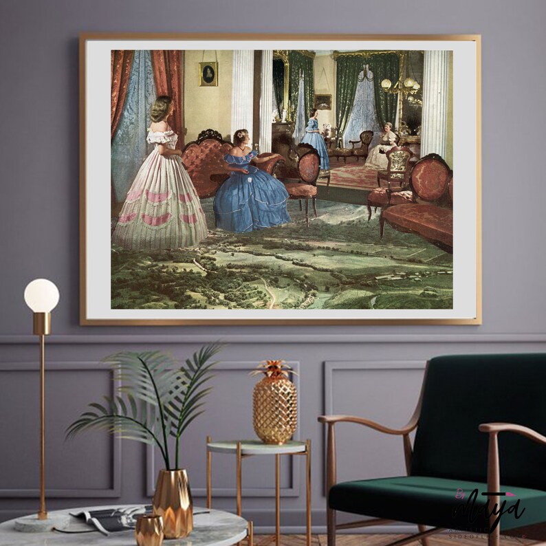 May include: A vintage illustration of four women in elegant dresses standing in a grand room with a patterned carpet. The room features ornate furniture, including a chaise lounge and a large mirror. The women are dressed in various shades of blue, pink, and white.