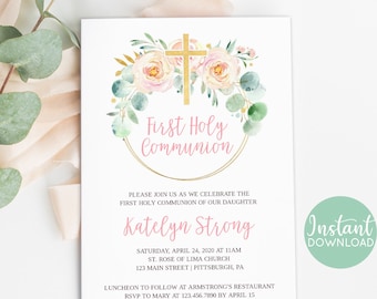 First Holy Communion Invitation - First Communion Invitation - Floral Invitation - Editable Invitation Template