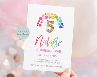 Fifth Birthday Invitation Rainbow Invitation Glitter Birthday 5th Birthday Invitation