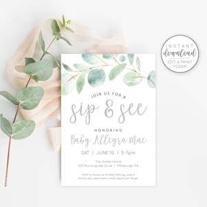 Sip and See Invitation - Greenery Baby Shower Invitation - Sip & See - Editable Invitation Template