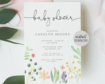 Baby Shower Invitation, Wildflower Baby Shower, Floral Baby Shower Invite