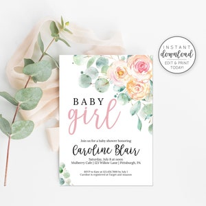 Girl Baby Shower Invitation - Floral Baby Sprinkle Invitation - Editable Invitation Template