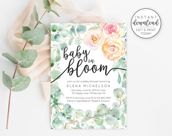 Floral Baby in Bloom Invitation Floral Baby Shower Invitation Editable Templett