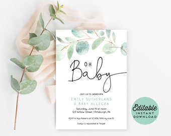 Greenery Baby Sprinkle Invitation - Baby Shower Invitation - Editable Invitation Template