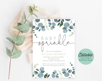 Greenery Baby Sprinkle Invitation, Floral Design (Editable, Digital Download)