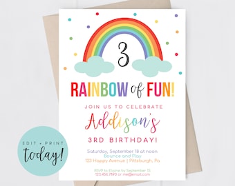Rainbow Birthday Invitation Girl Invite Templett