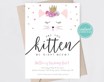 Kitten Birthday Invitation Kitten Invitation Cat Birthday Are You Kitten Me Invite