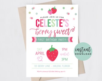 Berry Sweet Invitation Strawberry Birthday Invitation First Birthday Invitation Instant Download