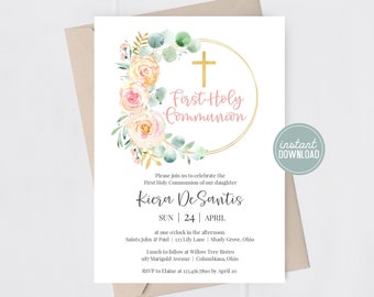 First Holy Communion Invitation - First Communion Invitation - Floral Invitation - Editable Invitation Template