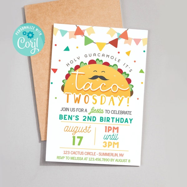 Taco Invitación de dos días Taco Cumpleaños de dos días Taco Descarga instantánea de dos días Corjl