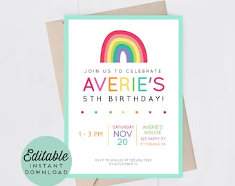 Rainbow Birthday Invitation Girl Invite Templett