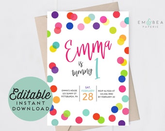 Invitación de cumpleaños con lunares - Niña - Arcoíris - Archivo imprimible - Editable