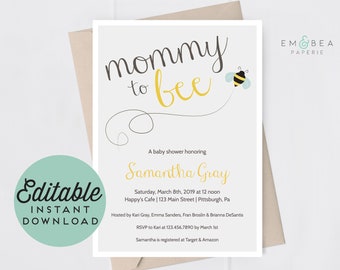 Mommy to Bee Baby Shower Invitation, Bumble Bee Invite (Printable Editable)
