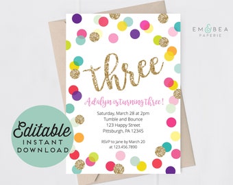 Invitación de tercer cumpleaños con lunares - Invitación con purpurina dorada - Niña - Arcoíris - Plantilla editable