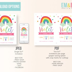 May include: Printable invitation for a birthday party with a rainbow and clouds design. The invitation says "Violet is turning four!" and includes the date and time of the party. The invitation is available in two formats: JPEG and PDF.