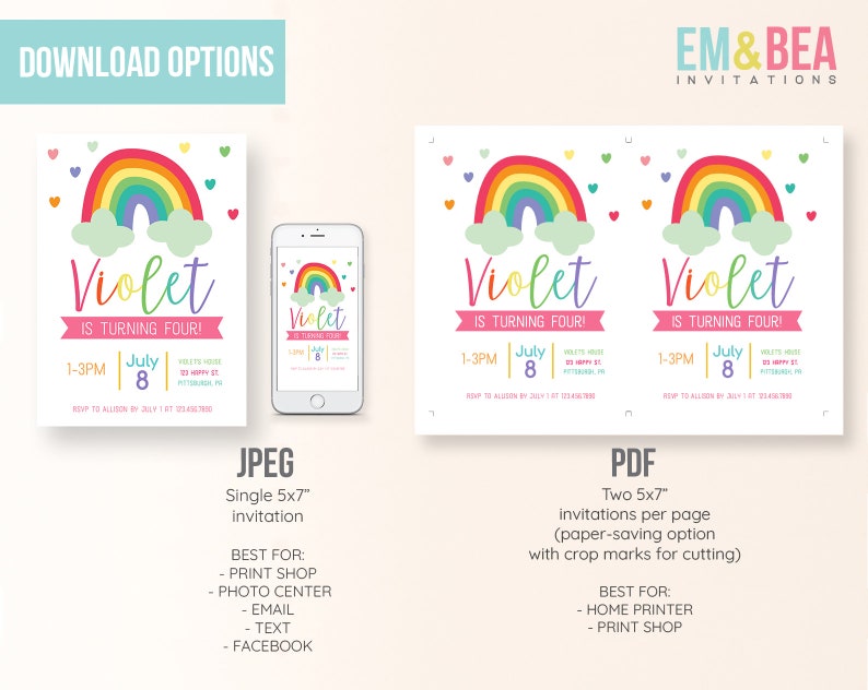 May include: Printable invitation for a birthday party with a rainbow and clouds design. The invitation says "Violet is turning four!" and includes the date and time of the party. The invitation is available in two formats: JPEG and PDF.
