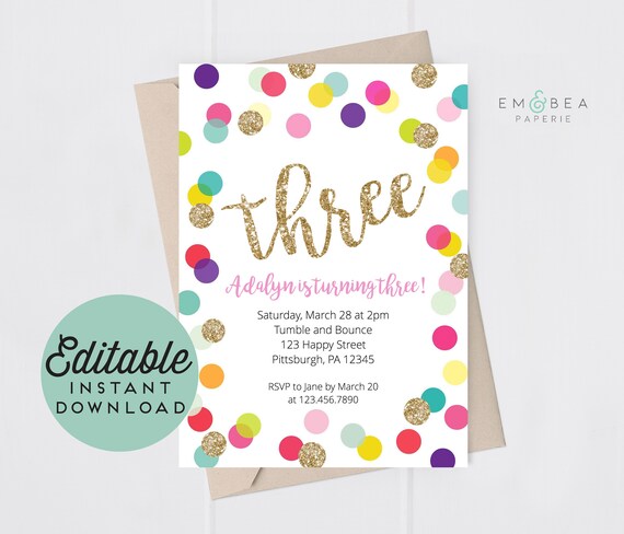 Polka Dot 3rd Birthday Invitation - Gold Glitter Invitation - Girl - Rainbow - Editable Template Il_570xn