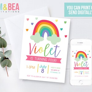 May include: A colorful rainbow birthday invitation with the name Violet and the text "Is Turning Four!" The invitation includes the date, time, and location of the party. The invitation is designed to be printed or sent digitally.