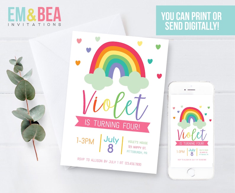May include: A colorful rainbow birthday invitation with the name Violet and the text "Is Turning Four!" The invitation includes the date, time, and location of the party. The invitation is designed to be printed or sent digitally.