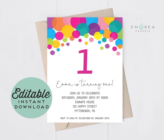 First Birthday Invitation Polka Dot Invite Editable Instant.