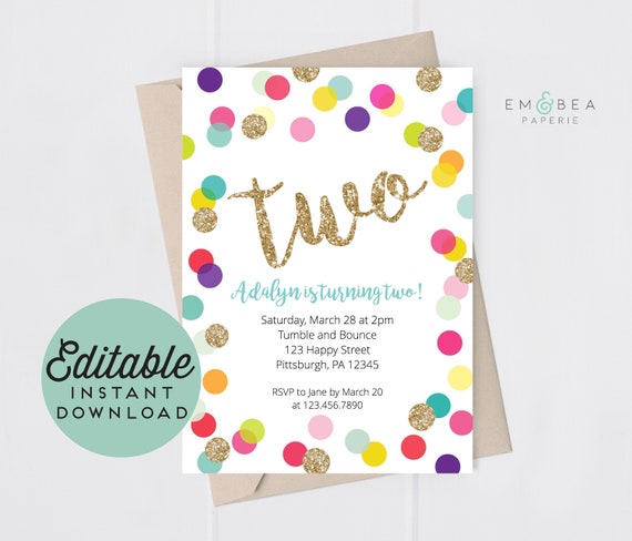 Rainbow 2nd Birthday Invitation - Polka Dot Birthday Invitation - Gold Glitter Invitation - Girl - Rainbow - Templett Il_570xn
