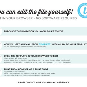 May include: A blue and white graphic with the text "You can edit the file yourself!" and "Edit in your browser - No software required."  The graphic also includes four steps for editing a template, including purchasing the template, receiving an email with a link to the template, opening the template in a browser, and printing from home or at a print shop.