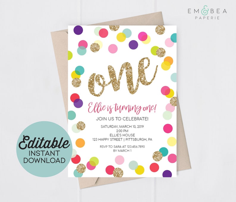 First Birthday Invitation Polka Dot Birthday Invitation Gold Glitter Invitation Girl Rainbow Printable File You Edit Templett image 1