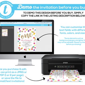 May include: A printable invitation for a first birthday party. The invitation features a colorful confetti background with the number "one" in gold glitter. The text "Ellie is turning one!" is written in pink and white. The invitation is shown on a computer screen and being printed on a printer.