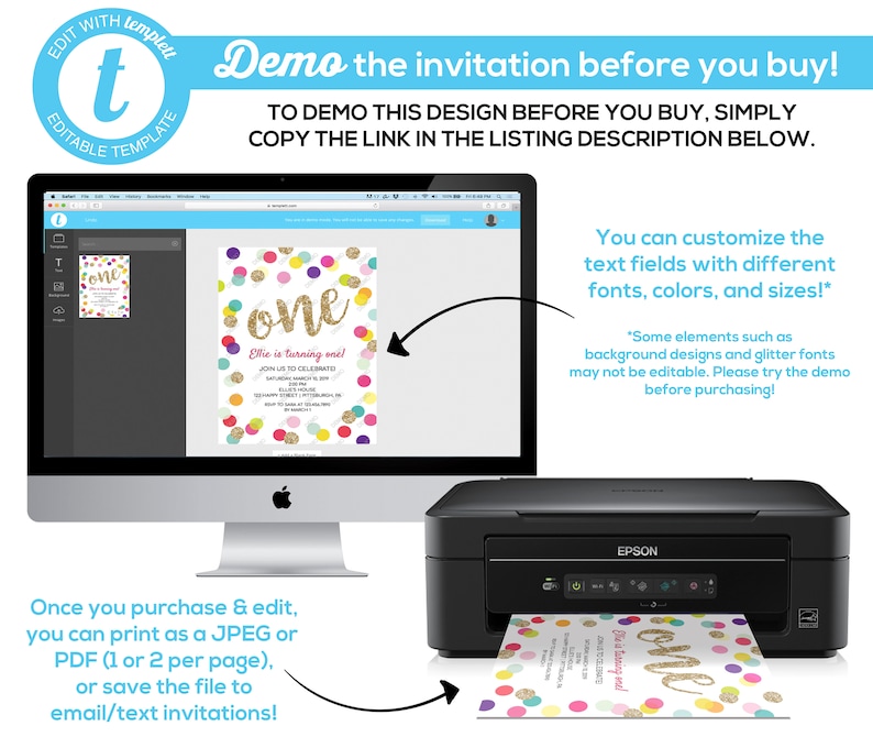 May include: A printable invitation for a first birthday party. The invitation features a colorful confetti background with the number "one" in gold glitter. The text "Ellie is turning one!" is written in pink and white. The invitation is shown on a computer screen and being printed on a printer.