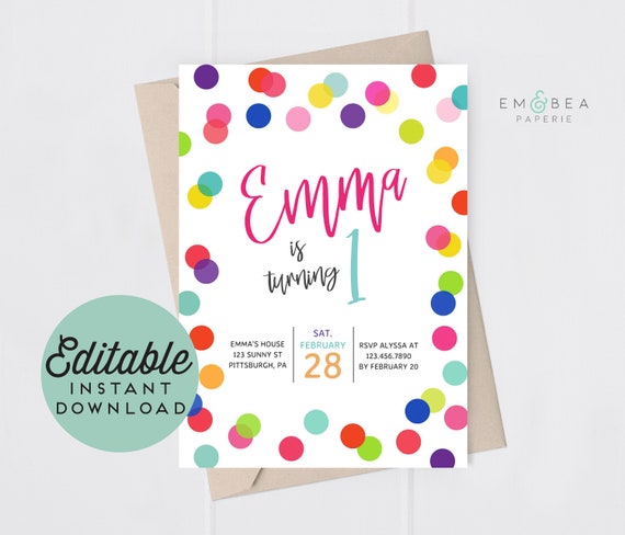 Polka Dot Birthday Invitation - Girl - Rainbow - Printable File - Editable Il_570xn