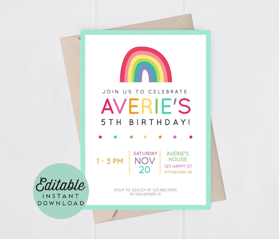 Rainbow Birthday Invitation Girl Invite Templett Il_570xn