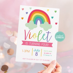 May include: A colorful rainbow birthday invitation with the text "Violet is turning four!"  The invitation includes details for the party, including the date, time, and location.