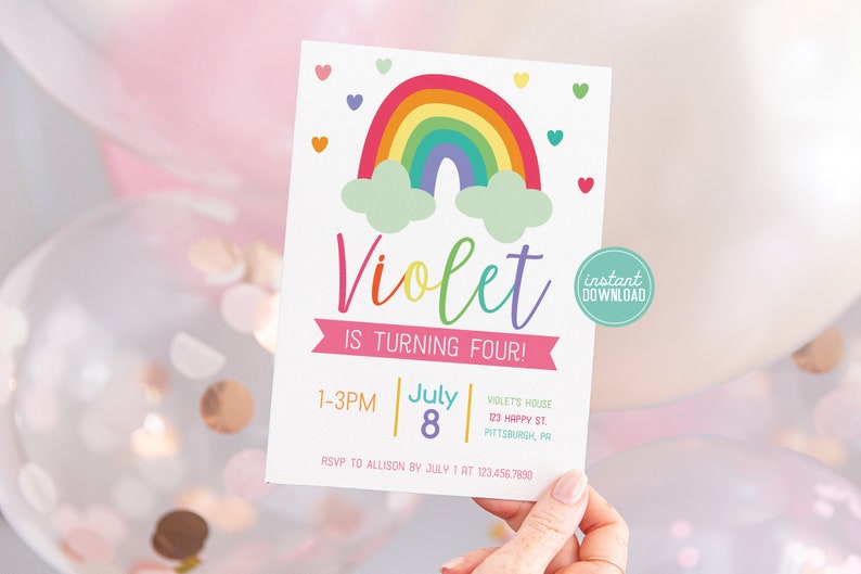 May include: A colorful rainbow birthday invitation with the text "Violet is turning four!"  The invitation includes details for the party, including the date, time, and location.