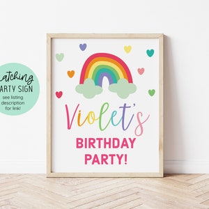 May include: A printable birthday party sign with a rainbow, clouds, and hearts. The sign says "Violet's Birthday Party!"