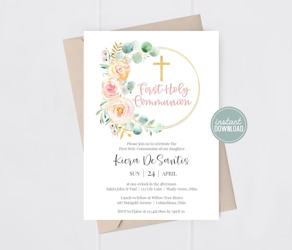 First Holy Communion Invitation - First Communion Invitation - Floral Invitation - Editable Invitation Template Il_570xn