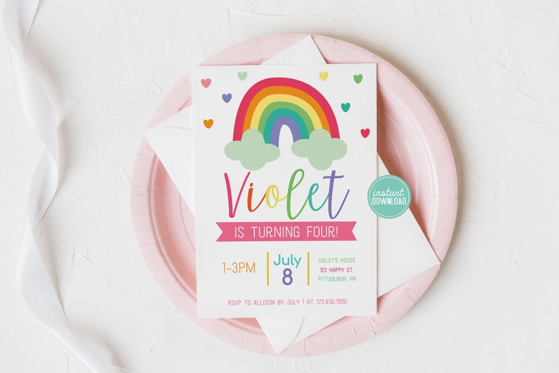 May include: A rainbow-themed birthday invitation for Violet's 4th birthday party. The invitation features a colorful rainbow with clouds and hearts. The text reads "Violet is turning four!" with the date and time of the party, the address, and RSVP information.