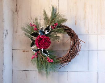 Dark red peony Christmas wreath